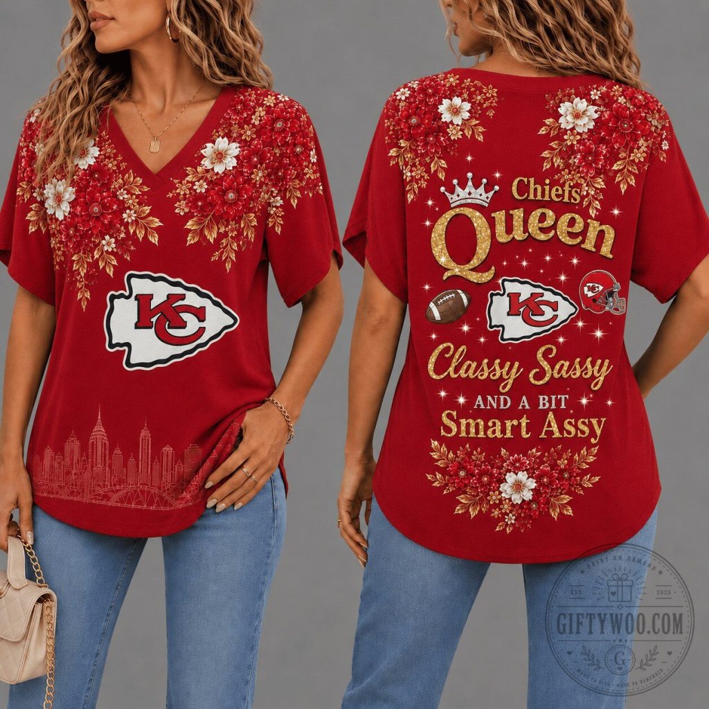 Kansas City Chiefs Queen Classy Sassy Floral V-Neck T-Shirt Kansas City Chiefs Queen Classy Sassy Floral V-Neck T-Shirt