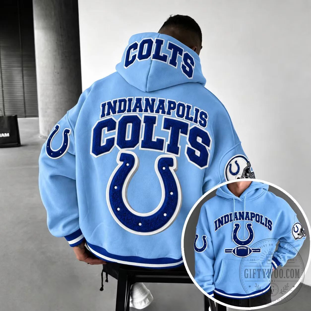 Indianapolis Colts Football Team Light Blue Embroidered Hoodie