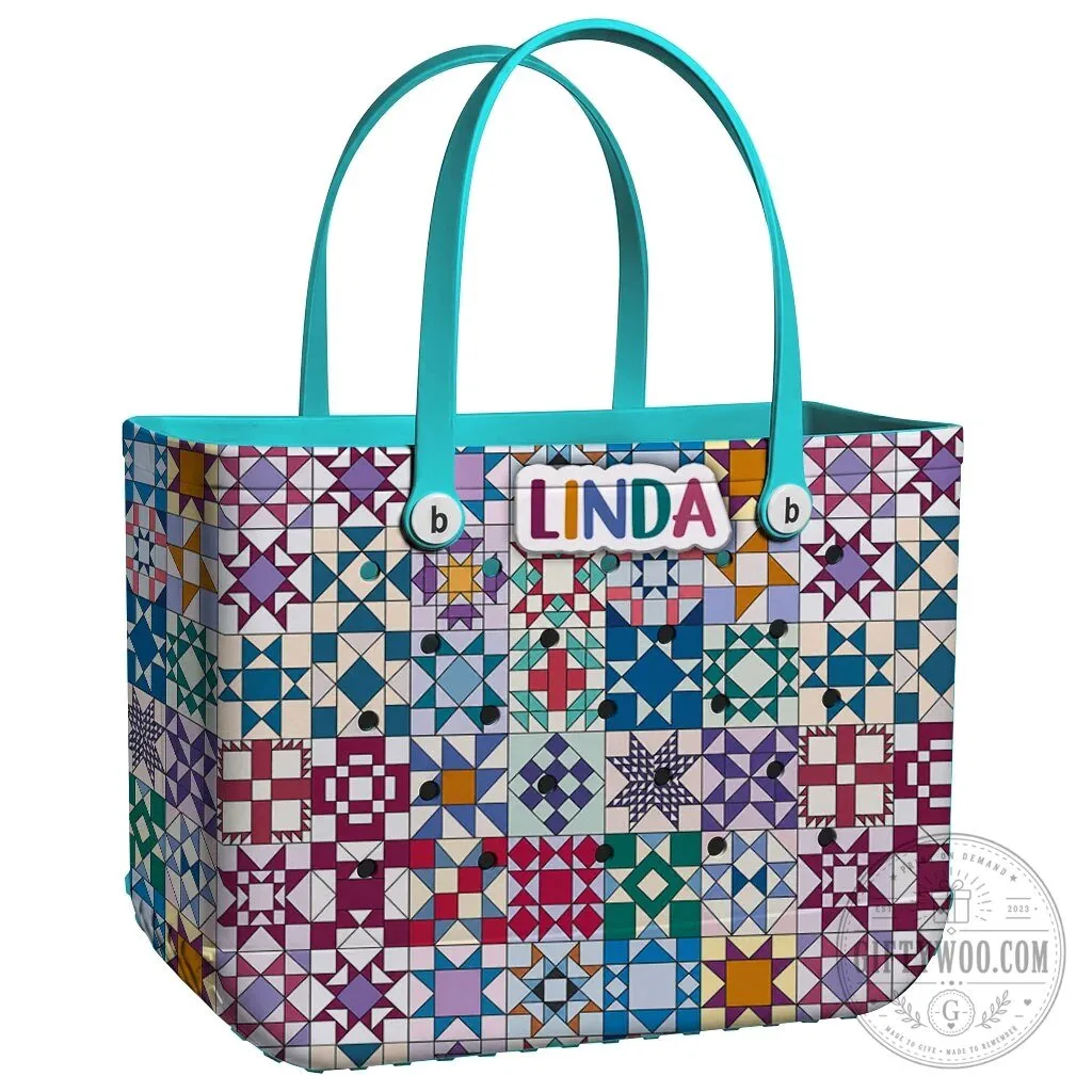 Quilt Blocks Pattern Personalized EVA Beach Bag with Linda Name Tag