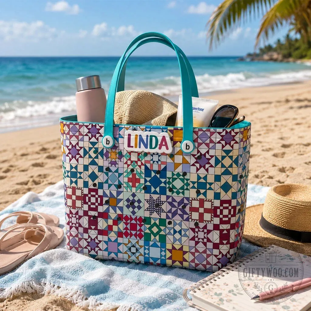Quilt Blocks Pattern Personalized EVA Beach Bag with Linda Name Tag 20 Quilt Blocks Pattern Personalized EVA Beach Bag with Linda Name Tag
