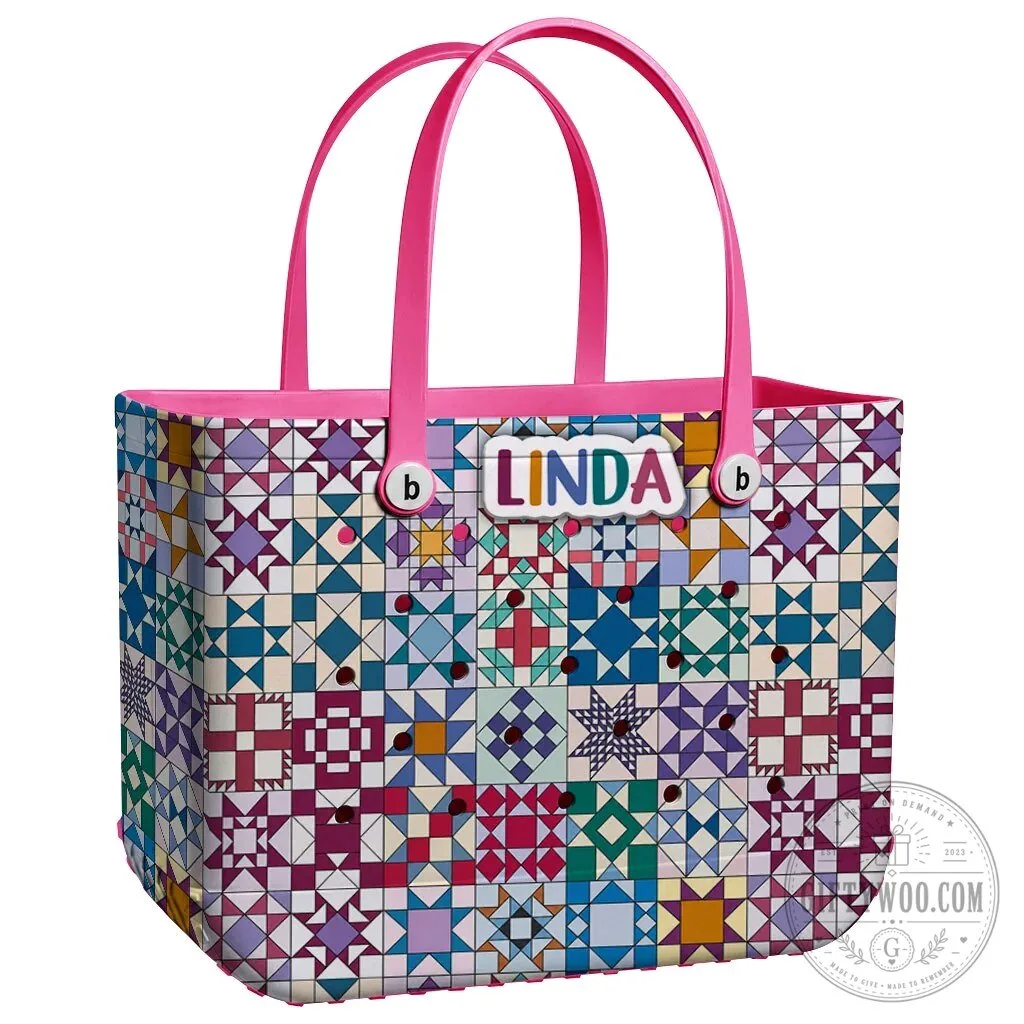 Quilt Blocks Pattern Personalized EVA Beach Bag with Linda Name Tag 21 Quilt Blocks Pattern Personalized EVA Beach Bag with Linda Name Tag