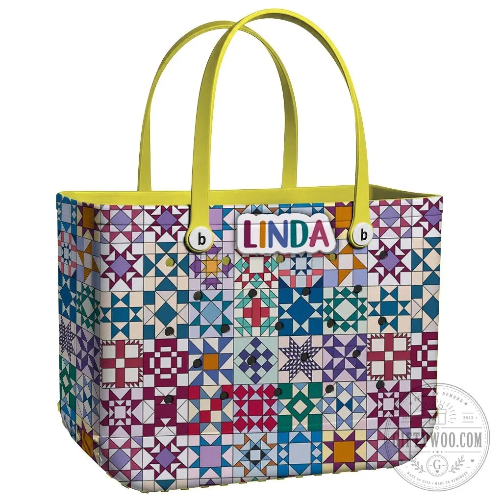 Quilt Blocks Pattern Personalized EVA Beach Bag with Linda Name Tag 22 Quilt Blocks Pattern Personalized EVA Beach Bag with Linda Name Tag