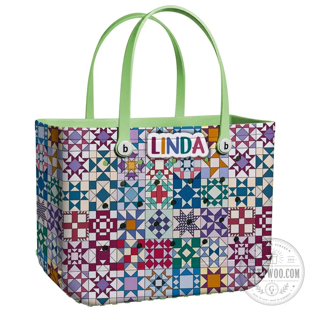Quilt Blocks Pattern Personalized EVA Beach Bag with Linda Name Tag 24 Quilt Blocks Pattern Personalized EVA Beach Bag with Linda Name Tag