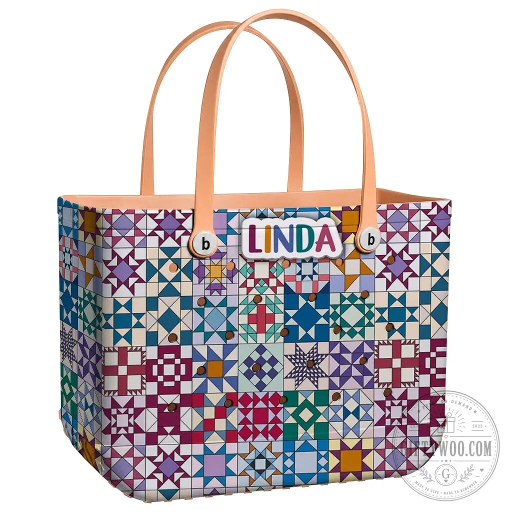 Quilt Blocks Pattern Personalized EVA Beach Bag with Linda Name Tag 25 Quilt Blocks Pattern Personalized EVA Beach Bag with Linda Name Tag