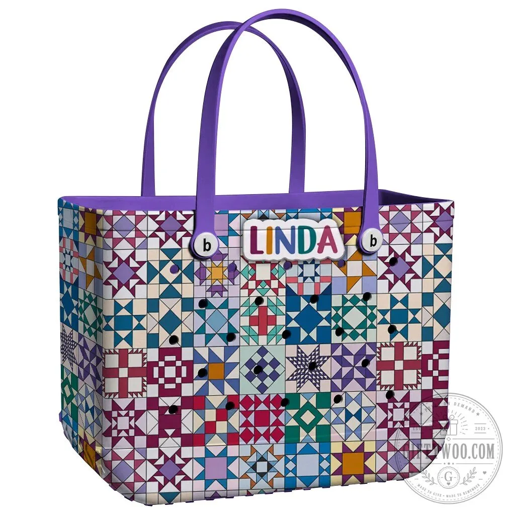 Quilt Blocks Pattern Personalized EVA Beach Bag with Linda Name Tag 26 Quilt Blocks Pattern Personalized EVA Beach Bag with Linda Name Tag