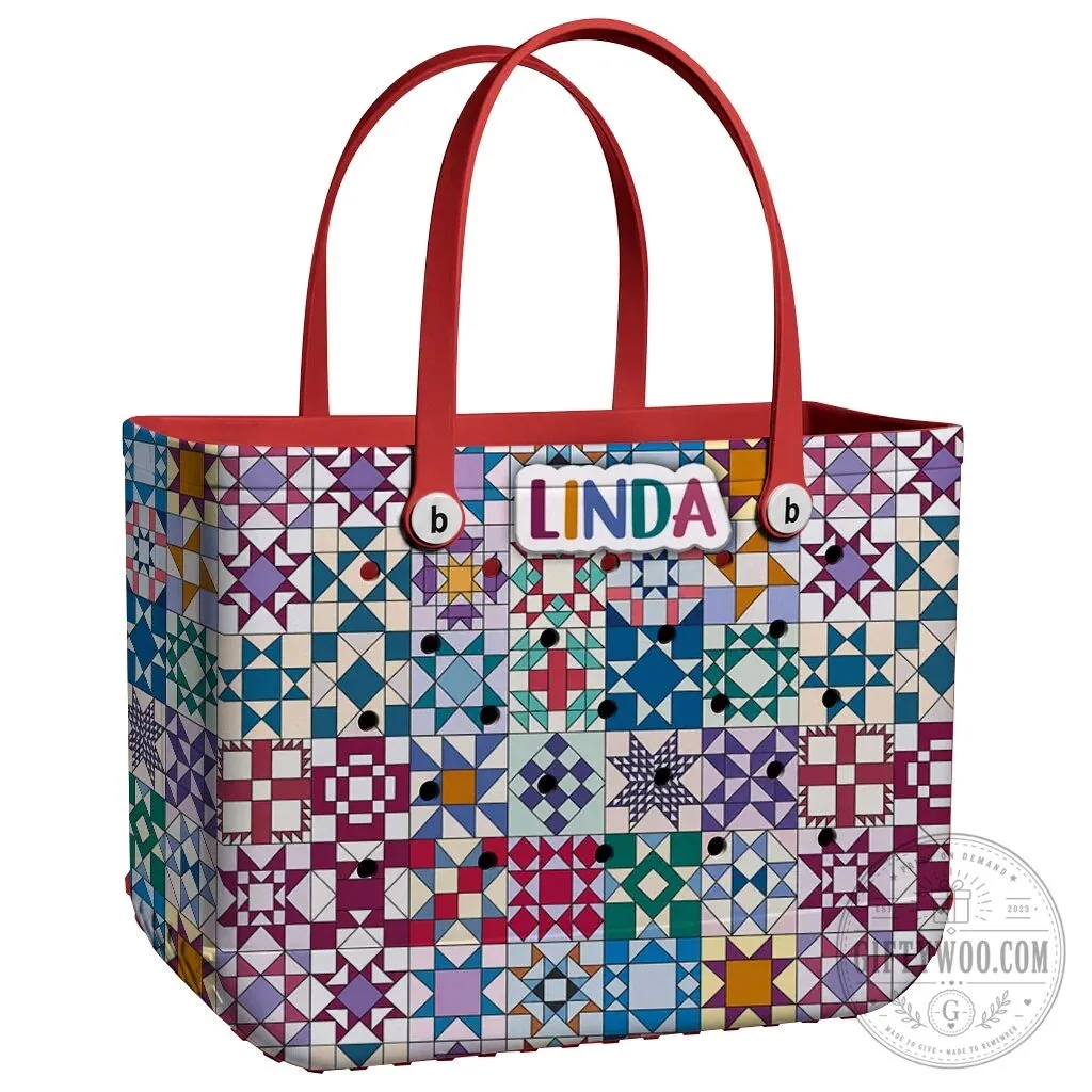 Quilt Blocks Pattern Personalized EVA Beach Bag with Linda Name Tag 27 Quilt Blocks Pattern Personalized EVA Beach Bag with Linda Name Tag