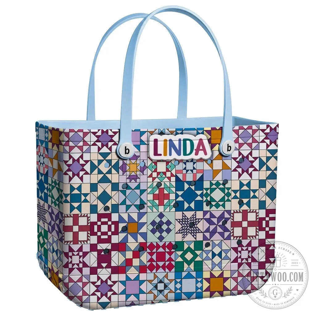 Quilt Blocks Pattern Personalized EVA Beach Bag with Linda Name Tag 28 Quilt Blocks Pattern Personalized EVA Beach Bag with Linda Name Tag