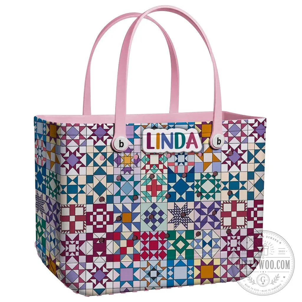 Quilt Blocks Pattern Personalized EVA Beach Bag with Linda Name Tag 29 Quilt Blocks Pattern Personalized EVA Beach Bag with Linda Name Tag