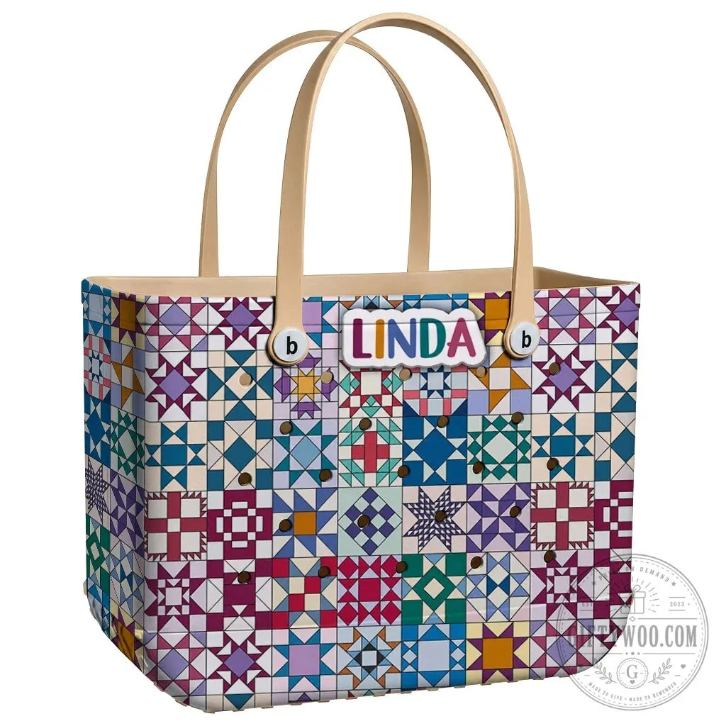 Quilt Blocks Pattern Personalized EVA Beach Bag with Linda Name Tag 30 Quilt Blocks Pattern Personalized EVA Beach Bag with Linda Name Tag