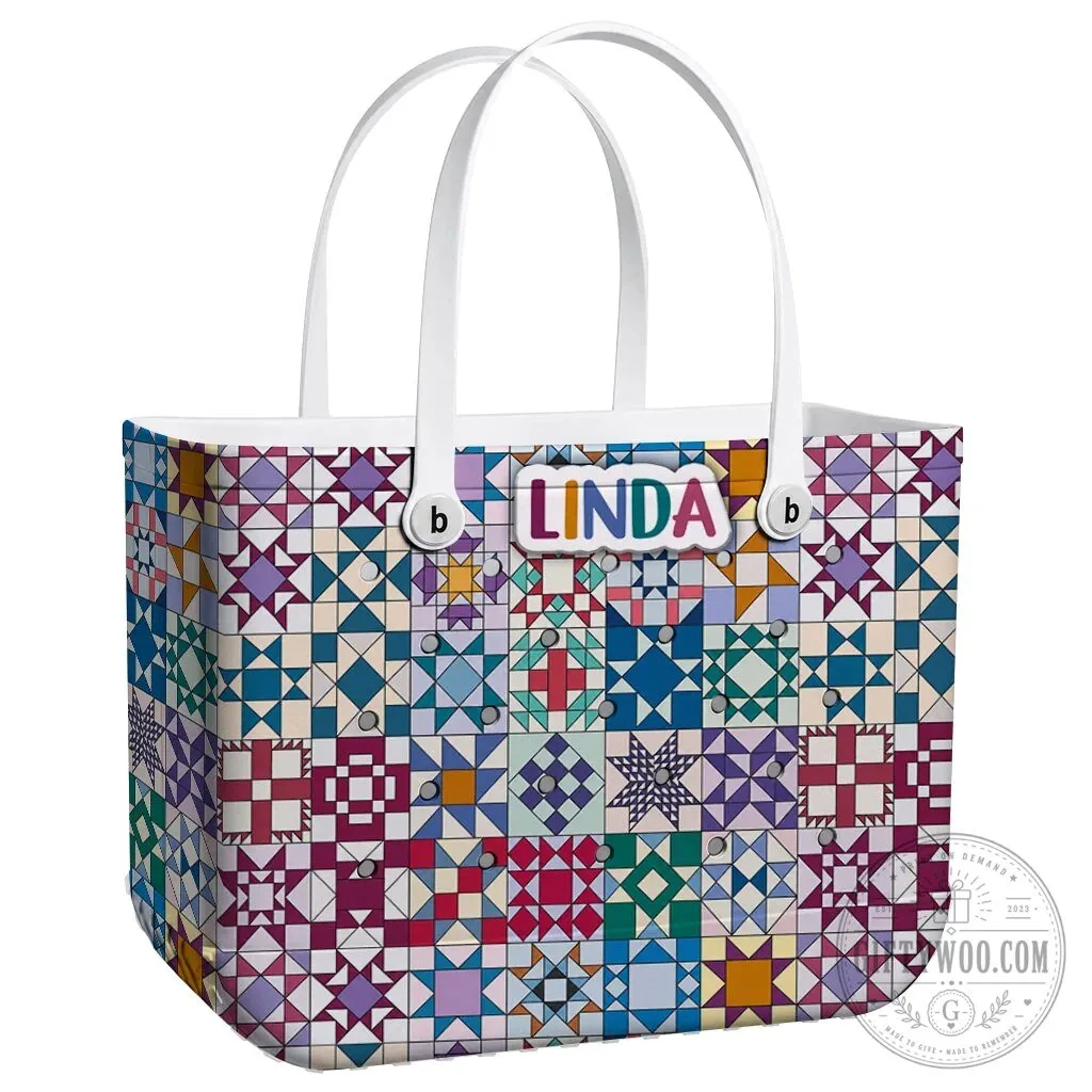 Quilt Blocks Pattern Personalized EVA Beach Bag with Linda Name Tag 31 Quilt Blocks Pattern Personalized EVA Beach Bag with Linda Name Tag