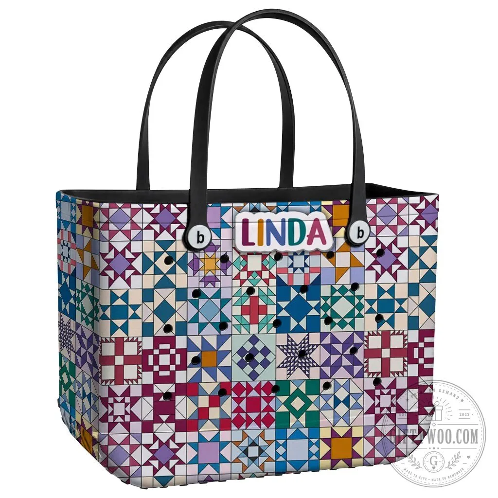 Quilt Blocks Pattern Personalized EVA Beach Bag with Linda Name Tag 32 Quilt Blocks Pattern Personalized EVA Beach Bag with Linda Name Tag