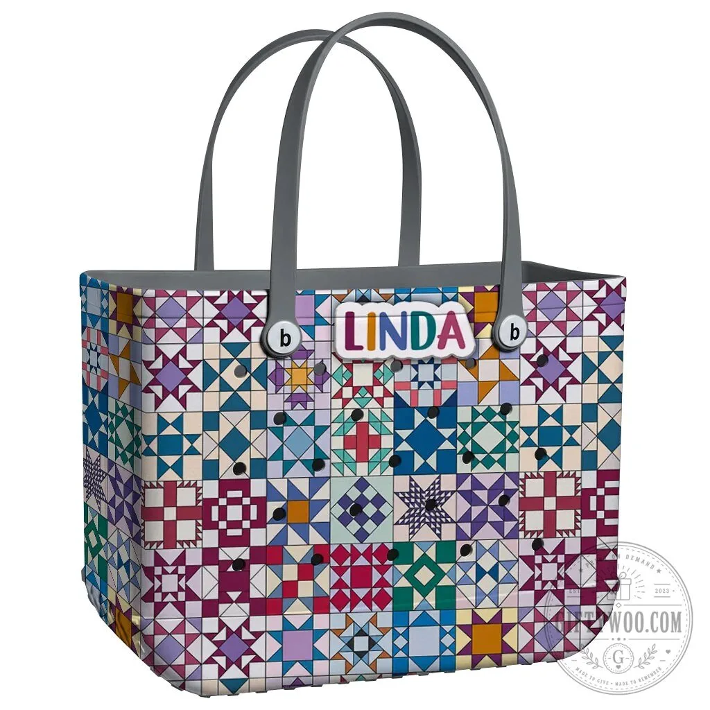Quilt Blocks Pattern Personalized EVA Beach Bag with Linda Name Tag 33 Quilt Blocks Pattern Personalized EVA Beach Bag with Linda Name Tag