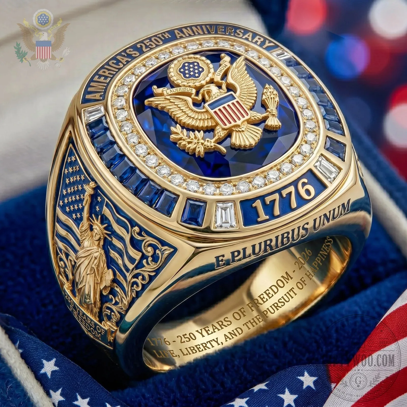 America's 250th Anniversary Commemorative Gold Ring with Eagle and Statue of Liberty