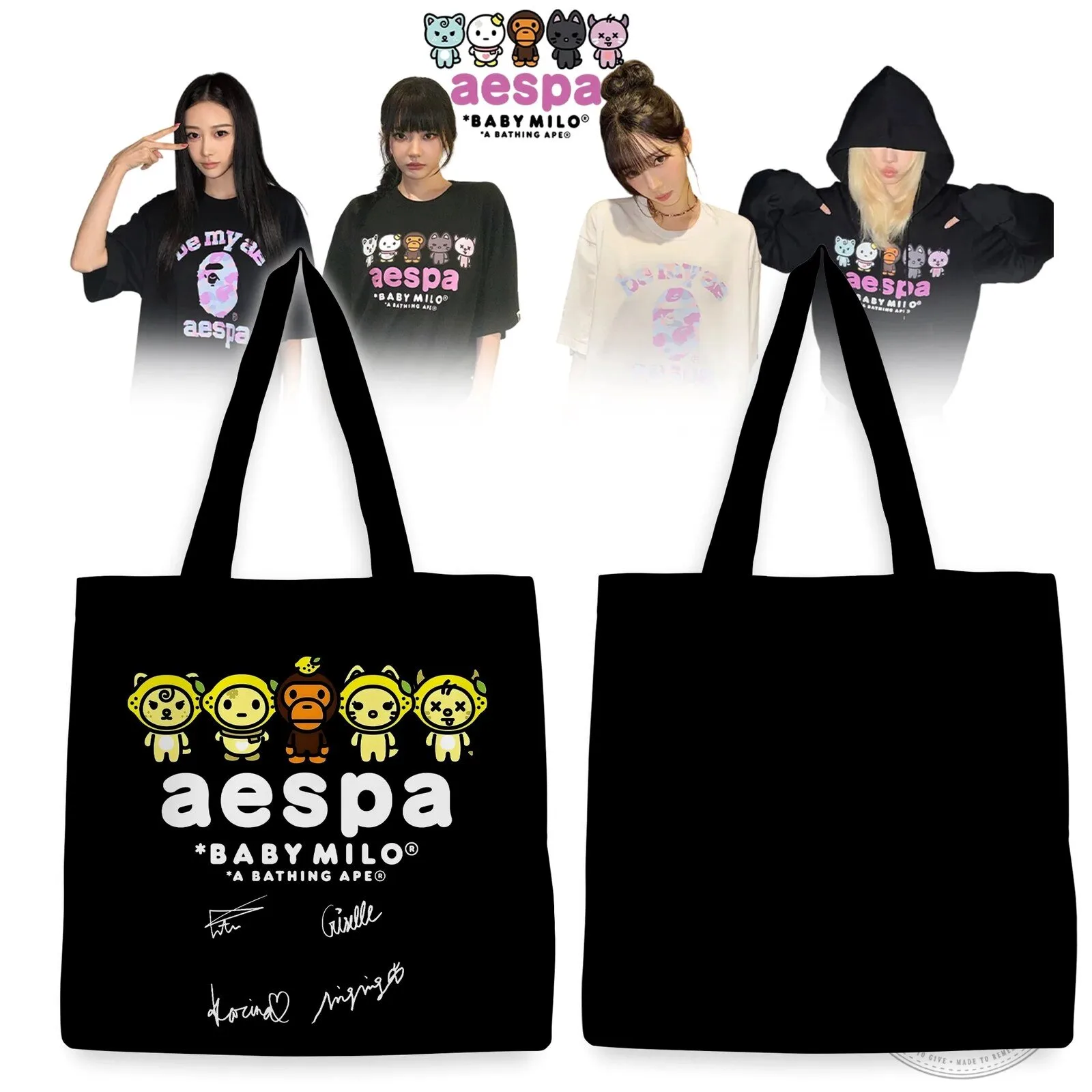 Aespa Baby Milo A Bathing Ape Collaboration Signed Black Tote Bag