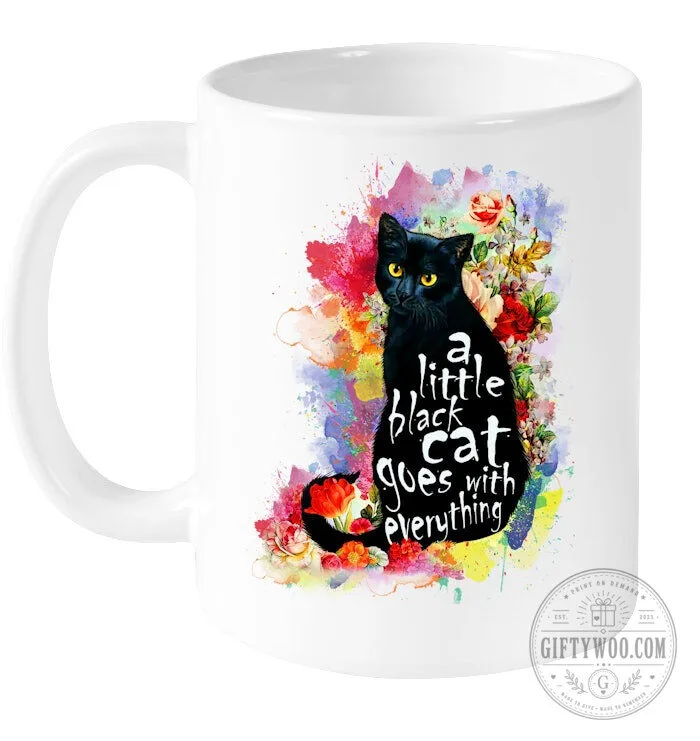 Black Cat Goes With Everything Watercolor Floral Coffee Mug
