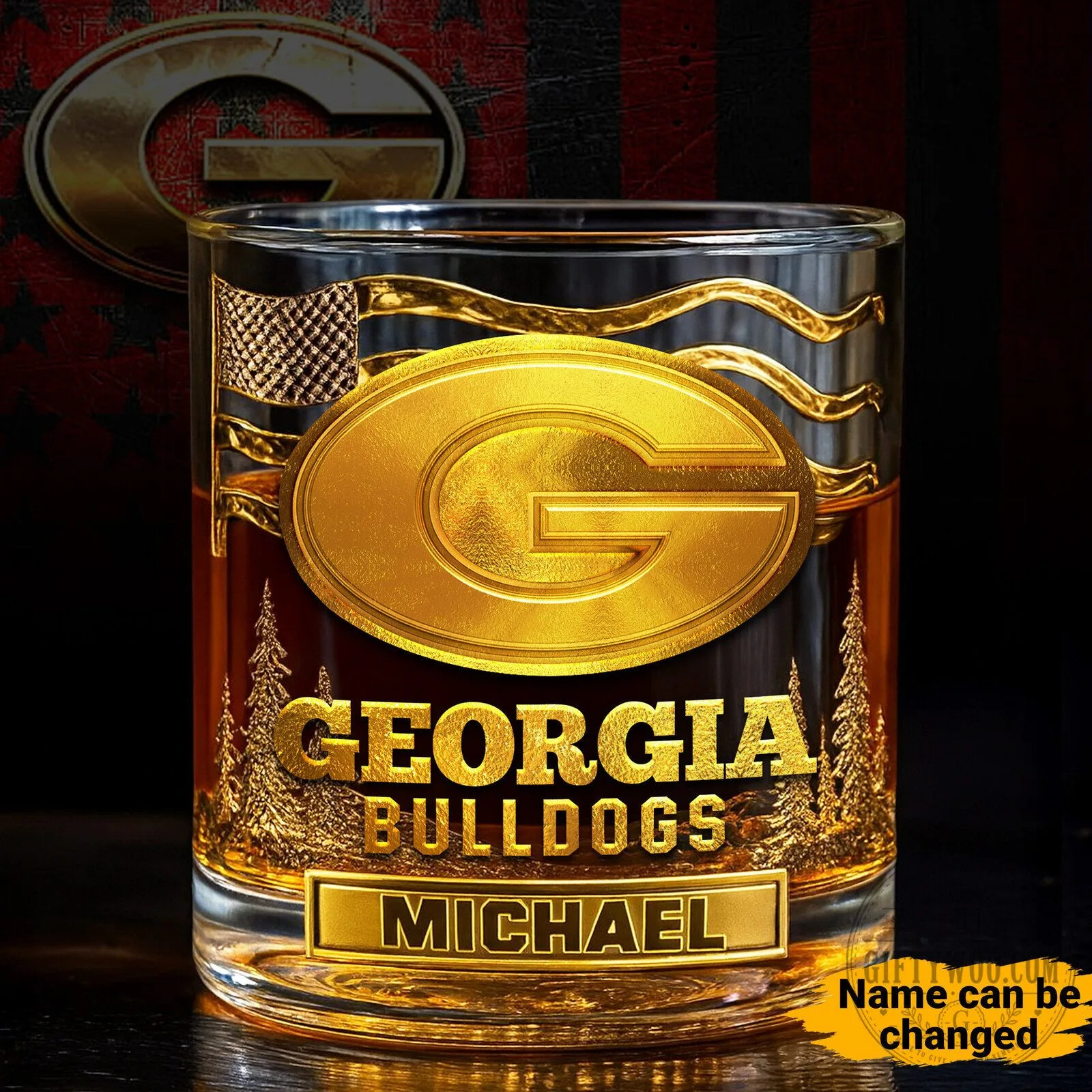 Georgia Bulldogs Personalized Whiskey Glass with American Flag Design