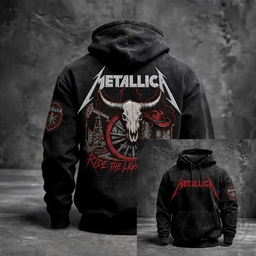 Metallica Ride The Lightning Skull Graphic Vintage Washed Hoodie