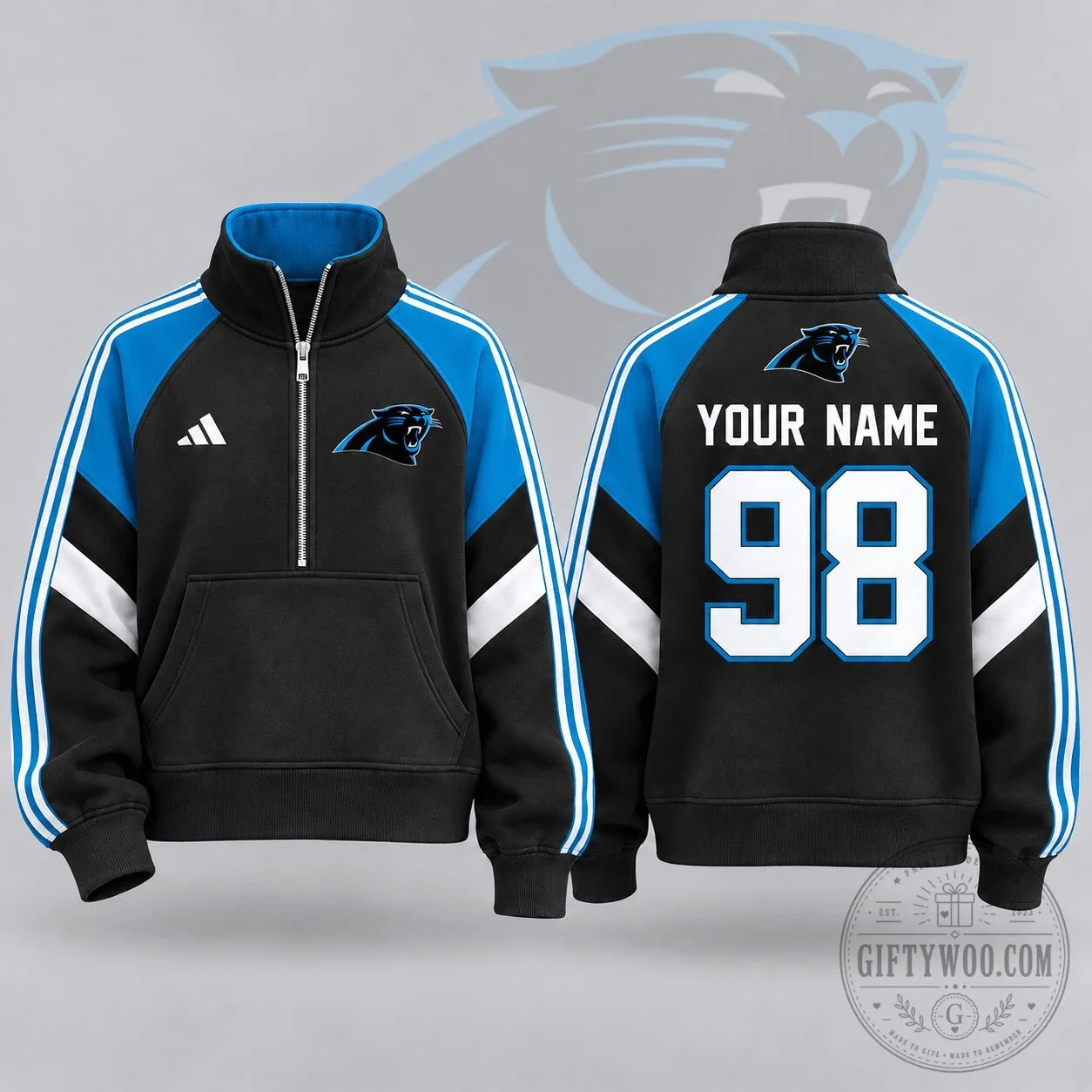 Carolina Panthers National Football League Team Crest Custom Name Number Half Zip Sweatshirt