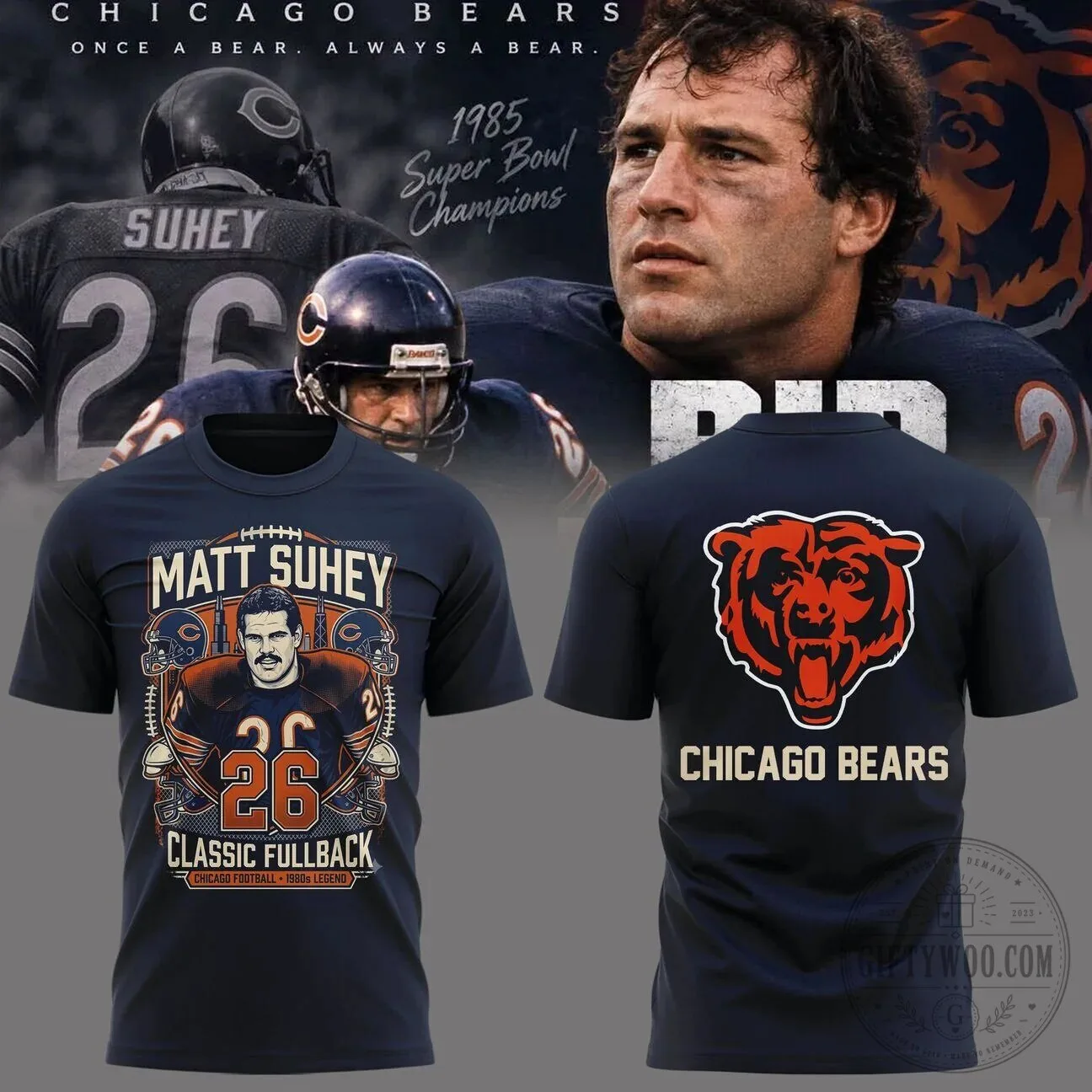 Chicago Bears Matt Suhey Classic Fullback 1985 Super Bowl Champions T-Shirt