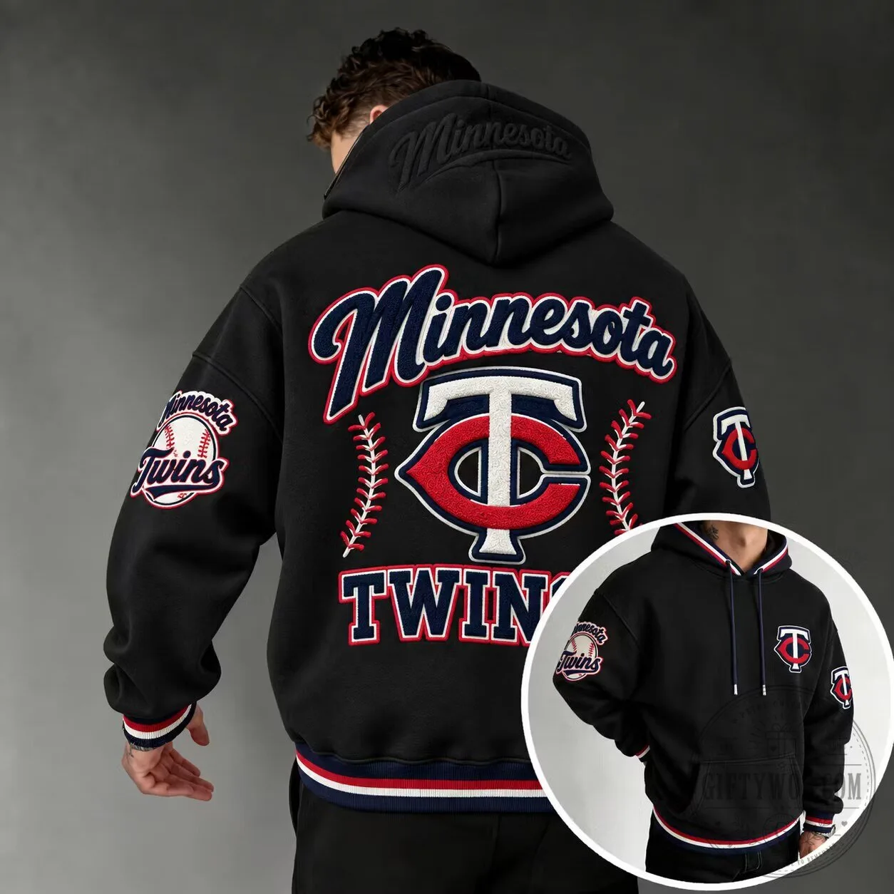 Minnesota Twins Baseball Team Logo Embroidered Black Hoodie for Men and Women