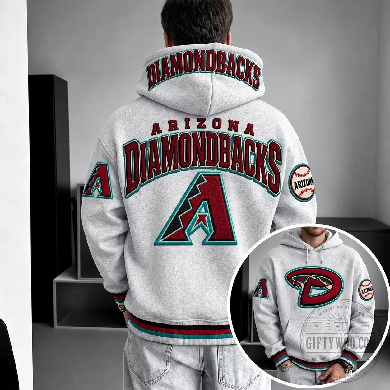 Embroidered Gray Hoodie featuring Arizona Diamondbacks Team Logo