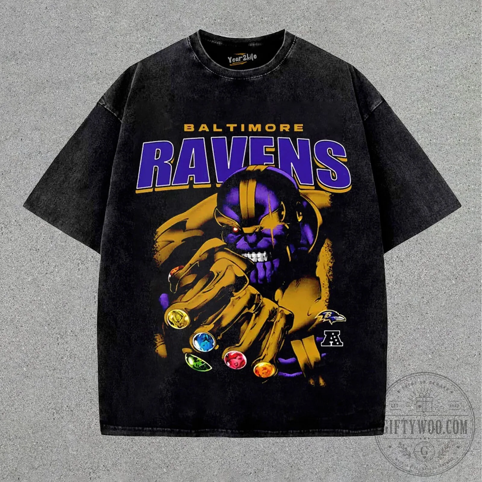 Baltimore Ravens Thanos Gauntlet Infinity Stones Graphic Black T-Shirt