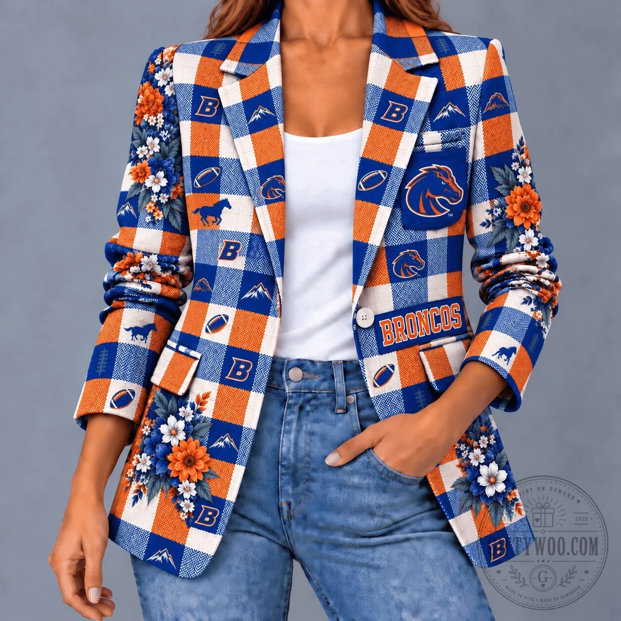 Boise State Broncos Football Game Day Floral Plaid Women's Blazer Jacket 1 Boise State Broncos Football Game Day Floral Plaid Women's Blazer Jacket
