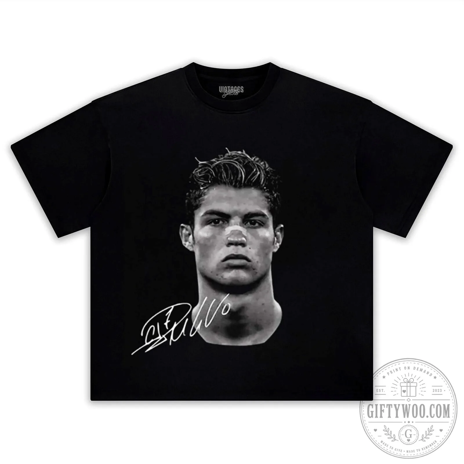 Cristiano Ronaldo Signed Portrait Black T-Shirt for Men and Women