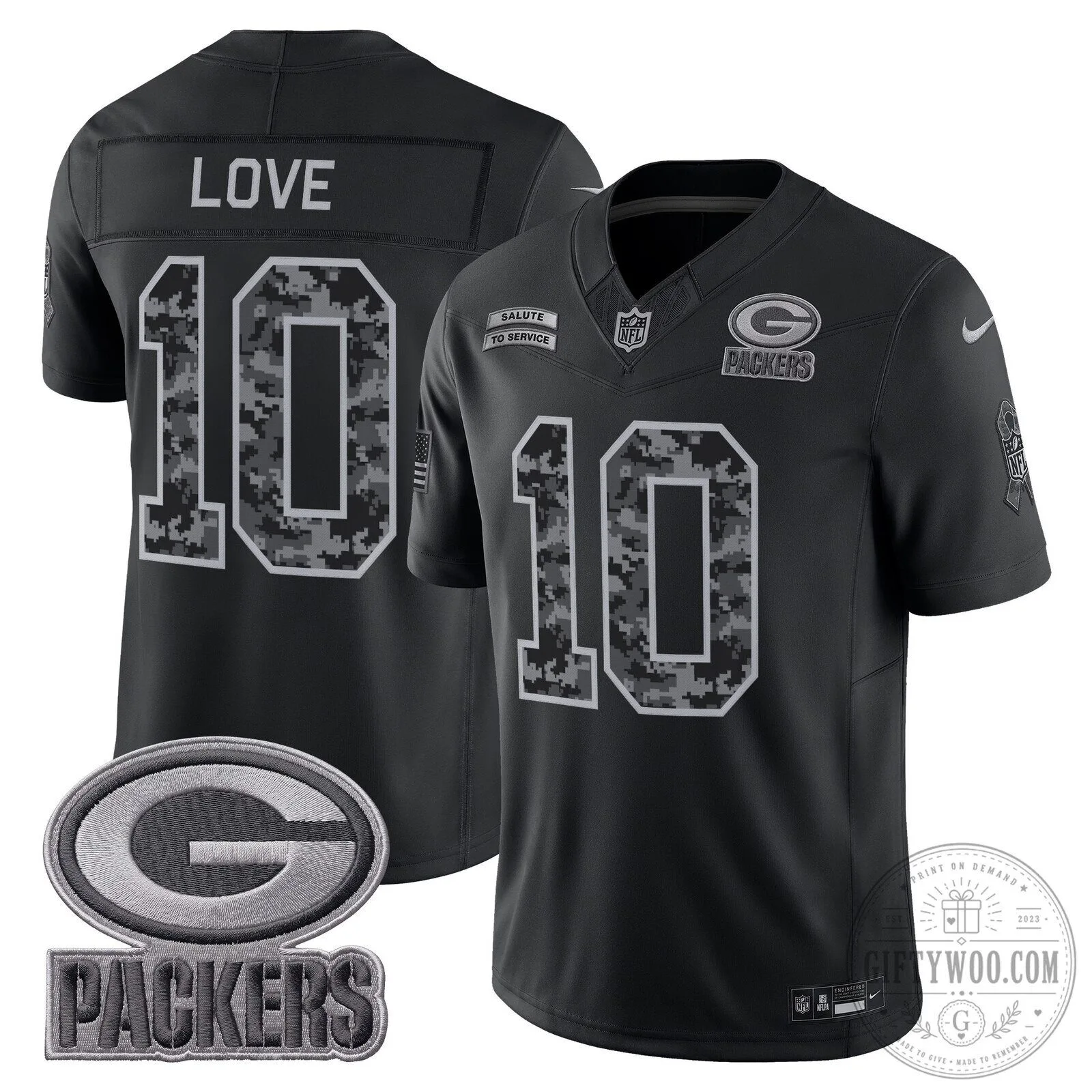 Green Bay Packers Salute to Service Jordan Love Number 10 Football Jersey