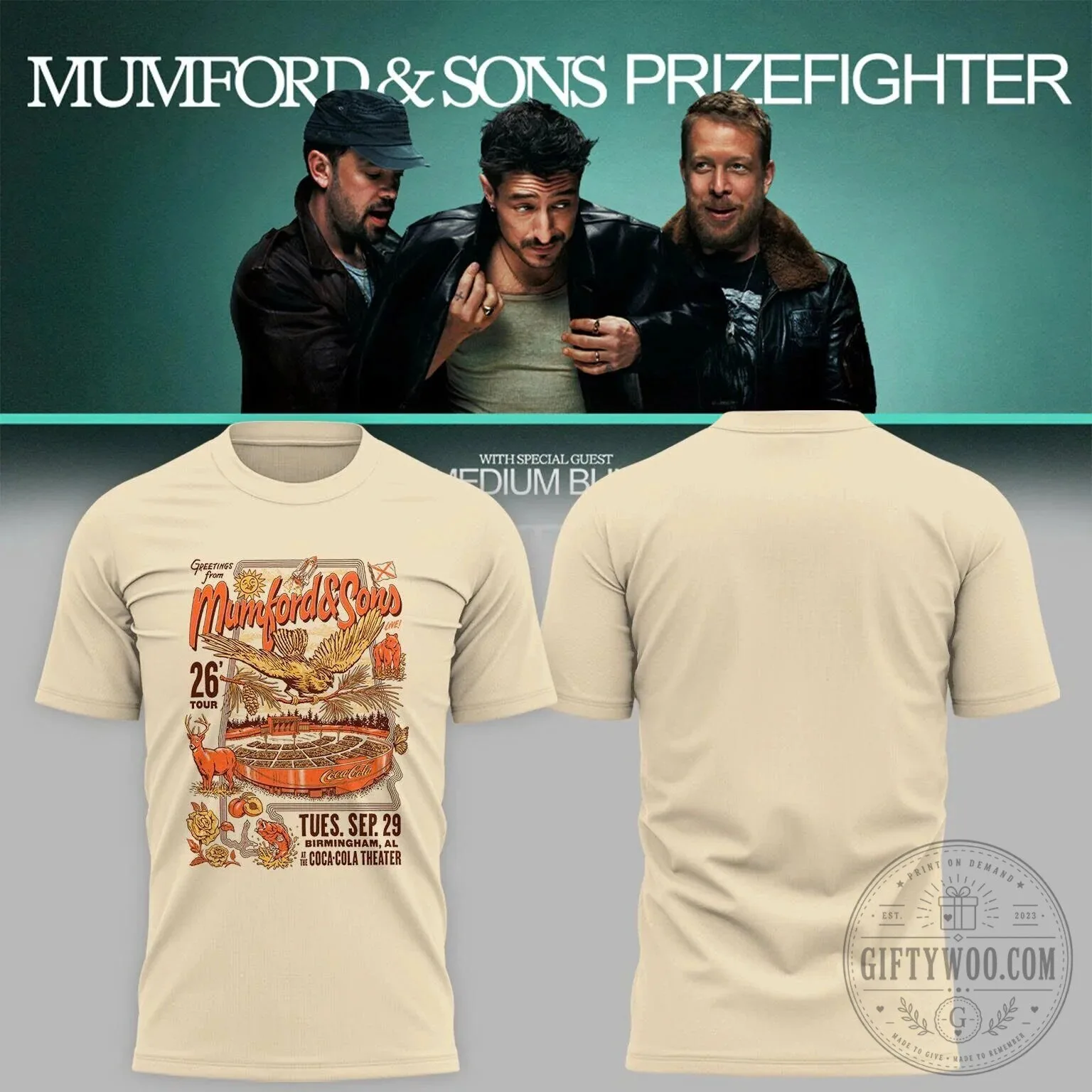 Mumford And Sons Prizefighter Tour Birmingham Alabama Concert T-Shirt