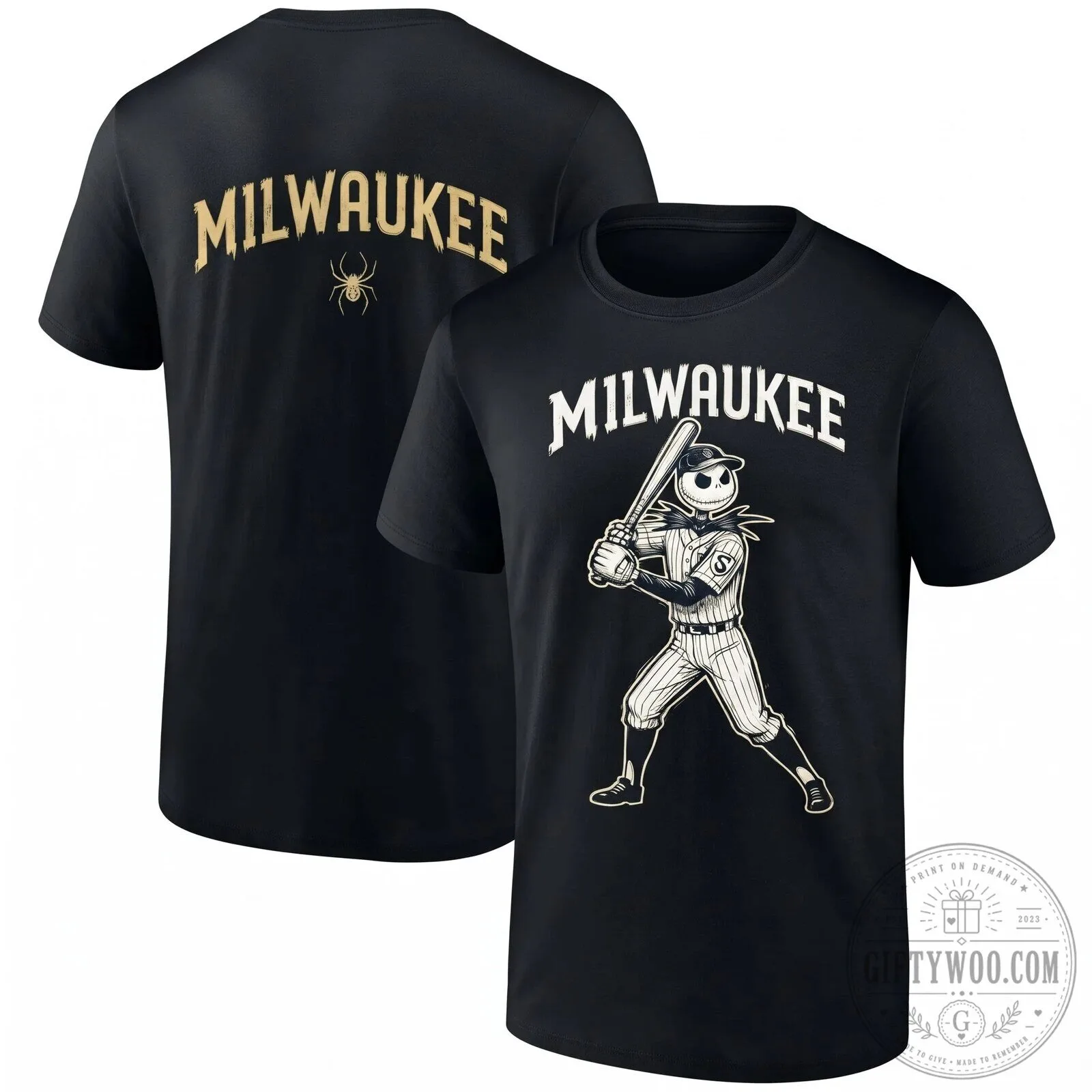 Milwaukee Brewers Jack Skellington Baseball Player Halloween Black T-Shirt