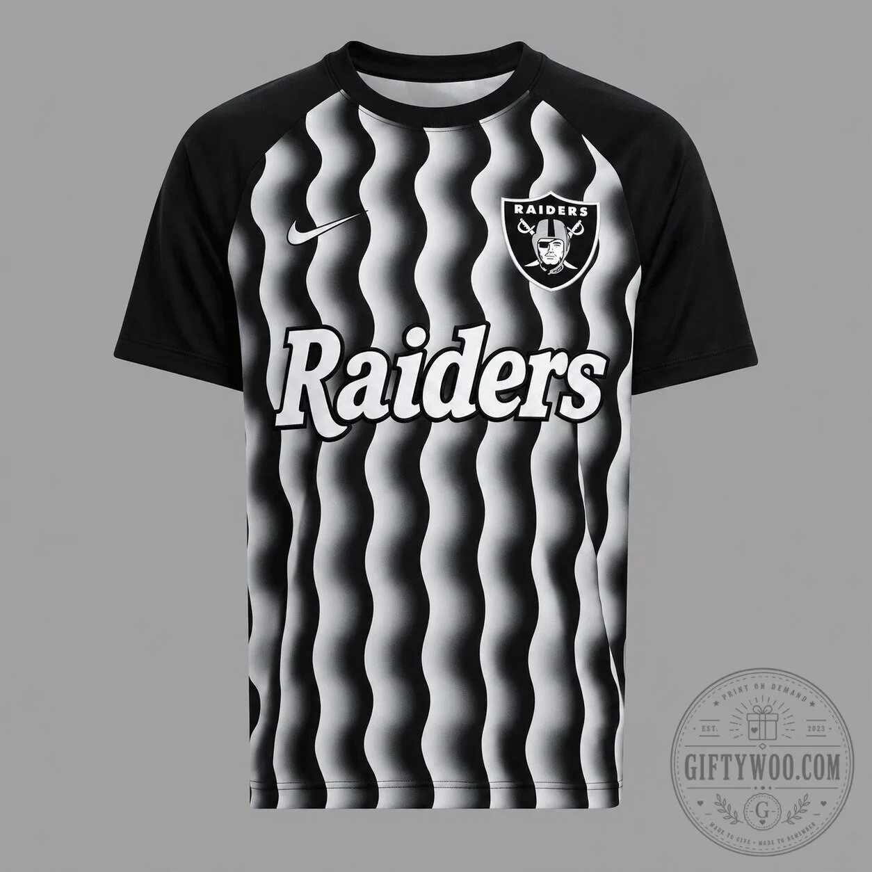 Las Vegas Raiders Wavy Pattern Black and White Football Team T-Shirt