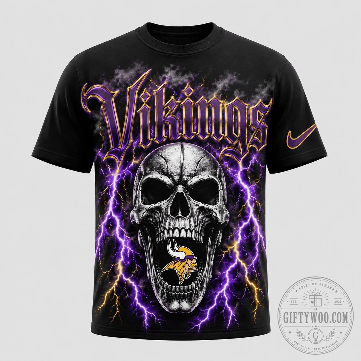 Minnesota Vikings Skull Lightning Graphic Black T-Shirt