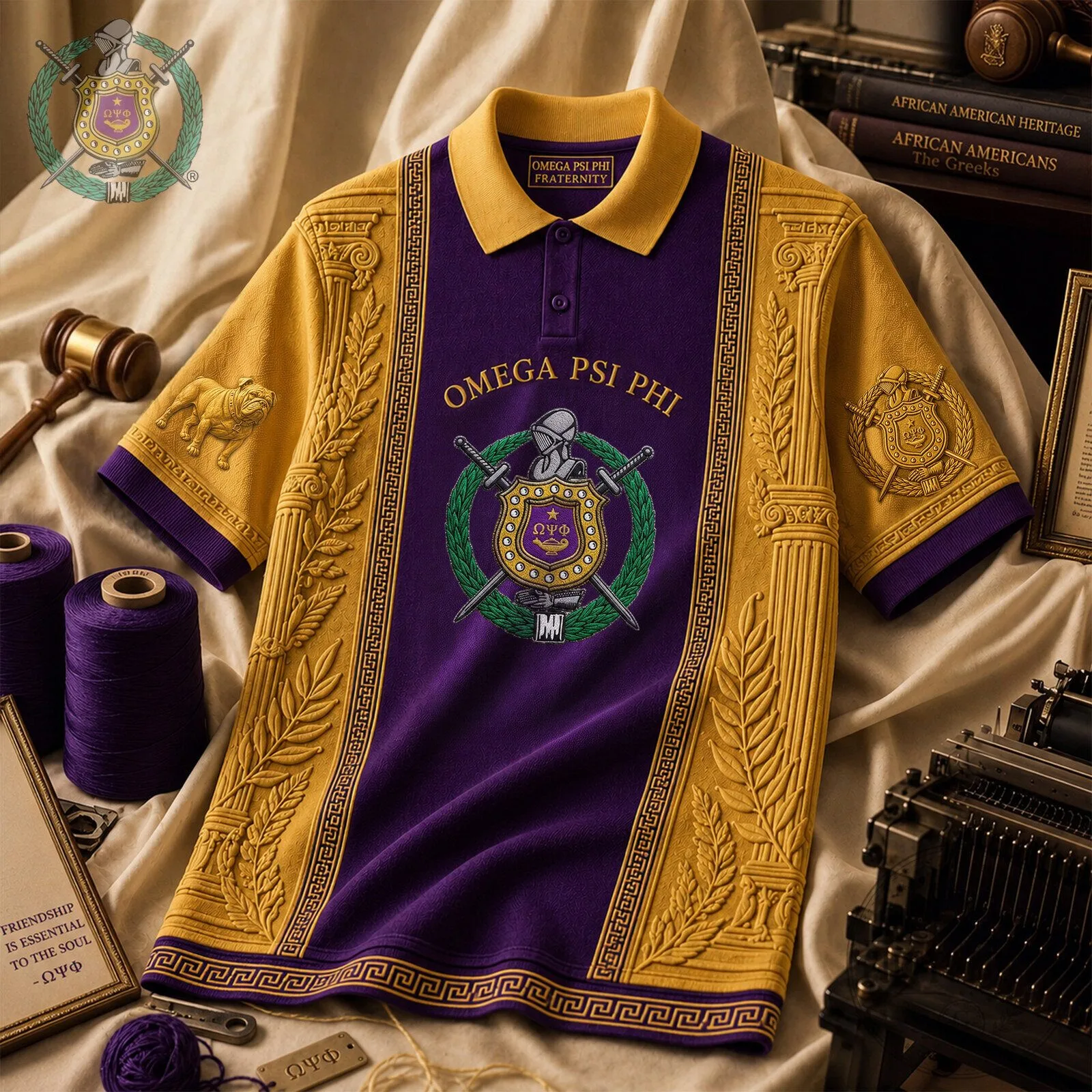 Omega Psi Phi Fraternity Divine Nine Purple and Gold Polo Shirt