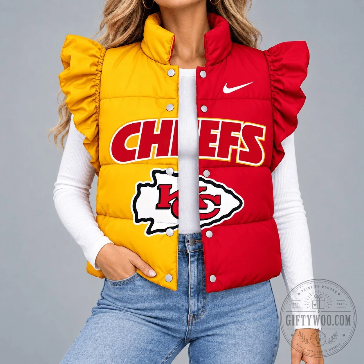 Kansas City Chiefs Football Team Split Color Ruffled Puffer Vest