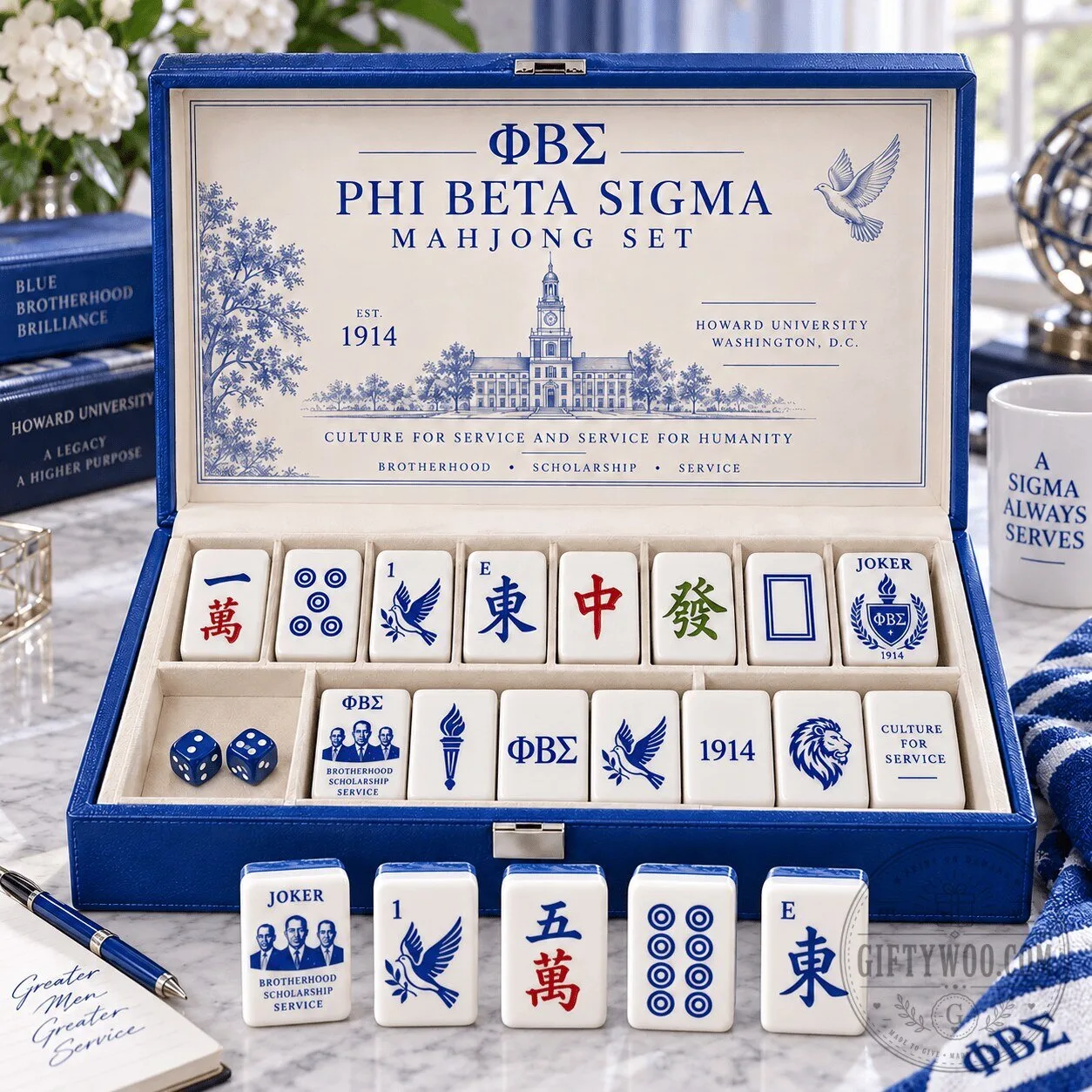 Phi Beta Sigma Fraternity Mahjong Game Set with Custom Tiles and Case