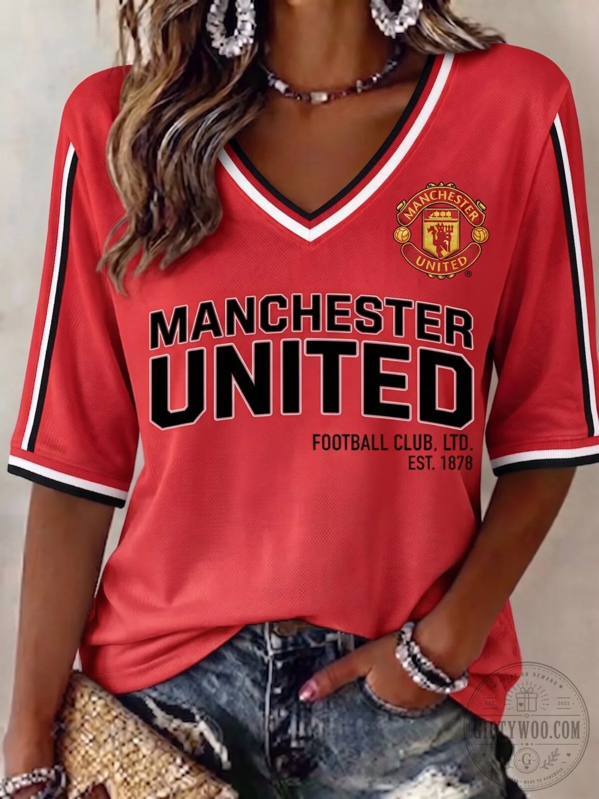 Women's Short-Sleeve V-Neck T-Shirt of Manchester United Football Club