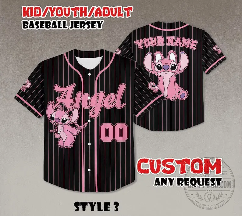 Lilo and Stitch Angel Pink Pinstripe Custom Name Baseball Jersey