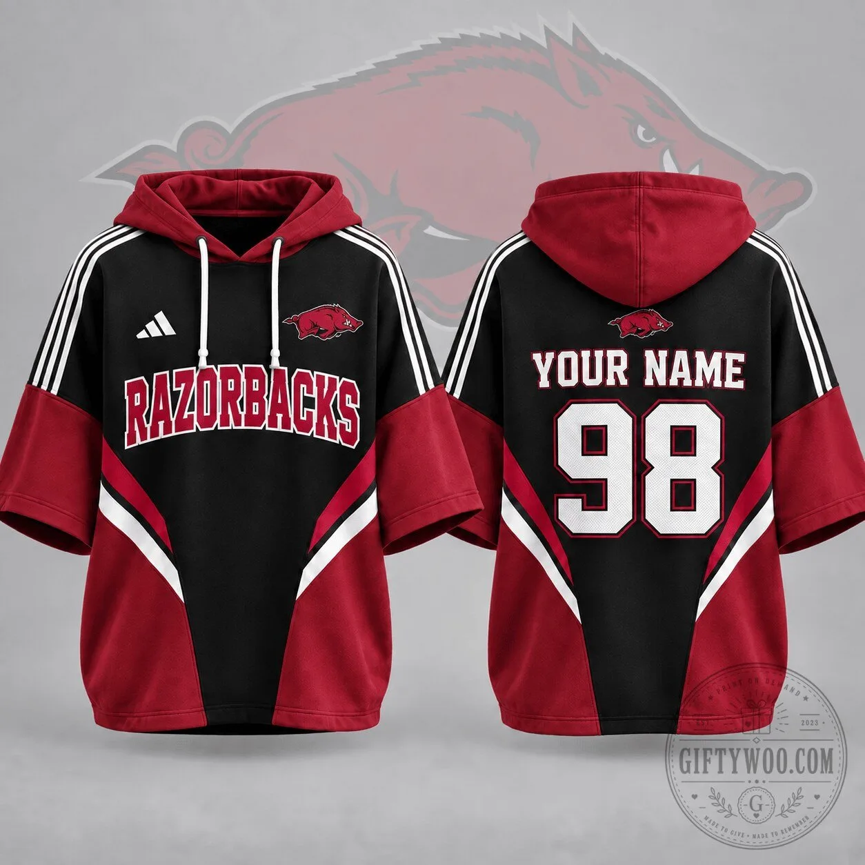 Arkansas Razorbacks Personalized Varsity Colorblock Short Sleeve Hoodie
