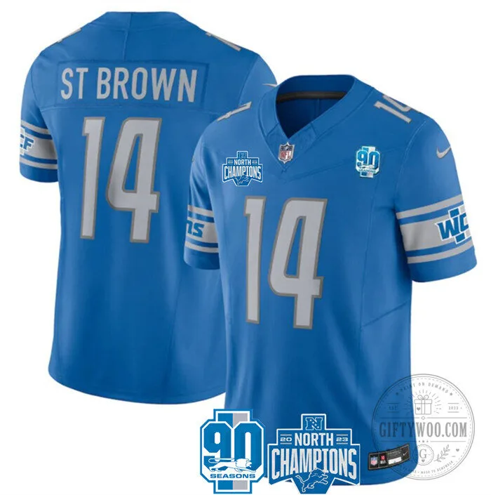 Amon-Ra St. Brown Detroit Lions Blue 2023 NFC North Champions Football Jersey