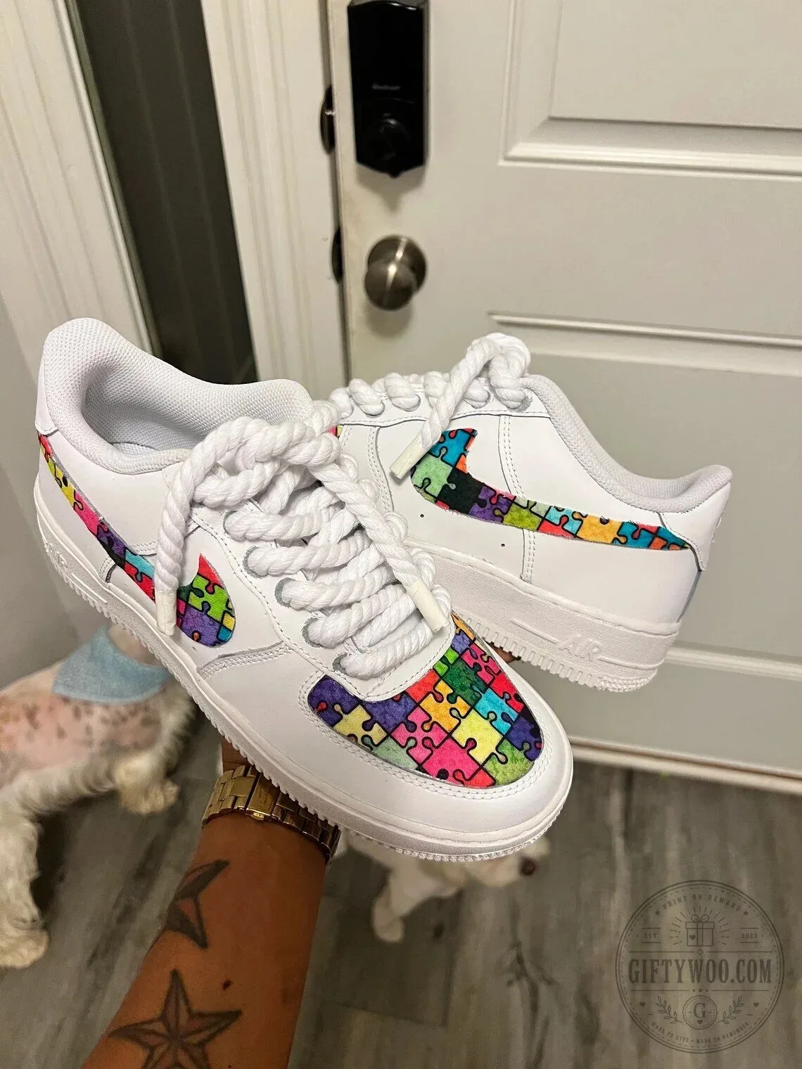 Autism Awareness Puzzle Piece Pattern White Athletic Shoes