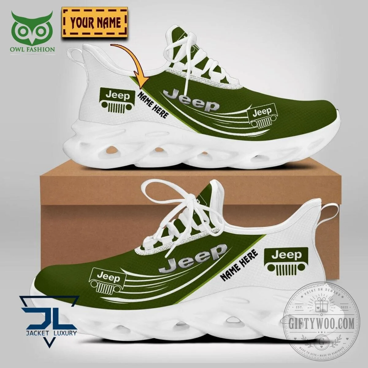 Personalized Jeep Logo Green and White Chunky Sneakers for Men and Women 2 Personalized Jeep Logo Green and White Chunky Sneakers for Men and Women