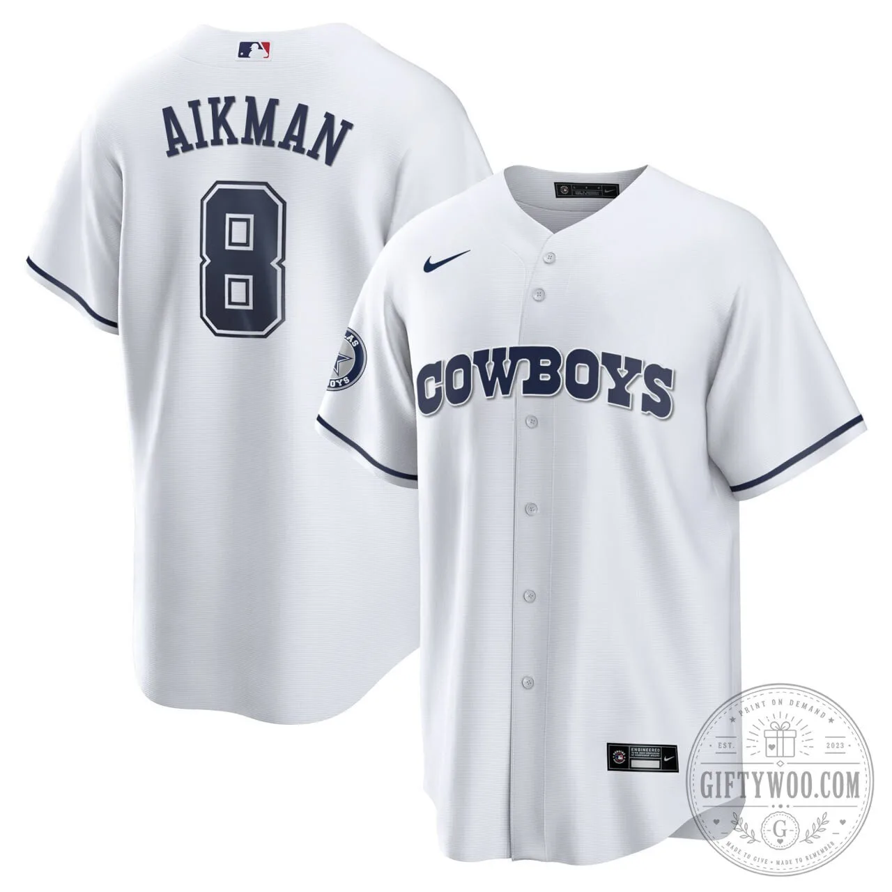 Dallas Cowboys Troy Aikman Number 8 White Baseball Jersey