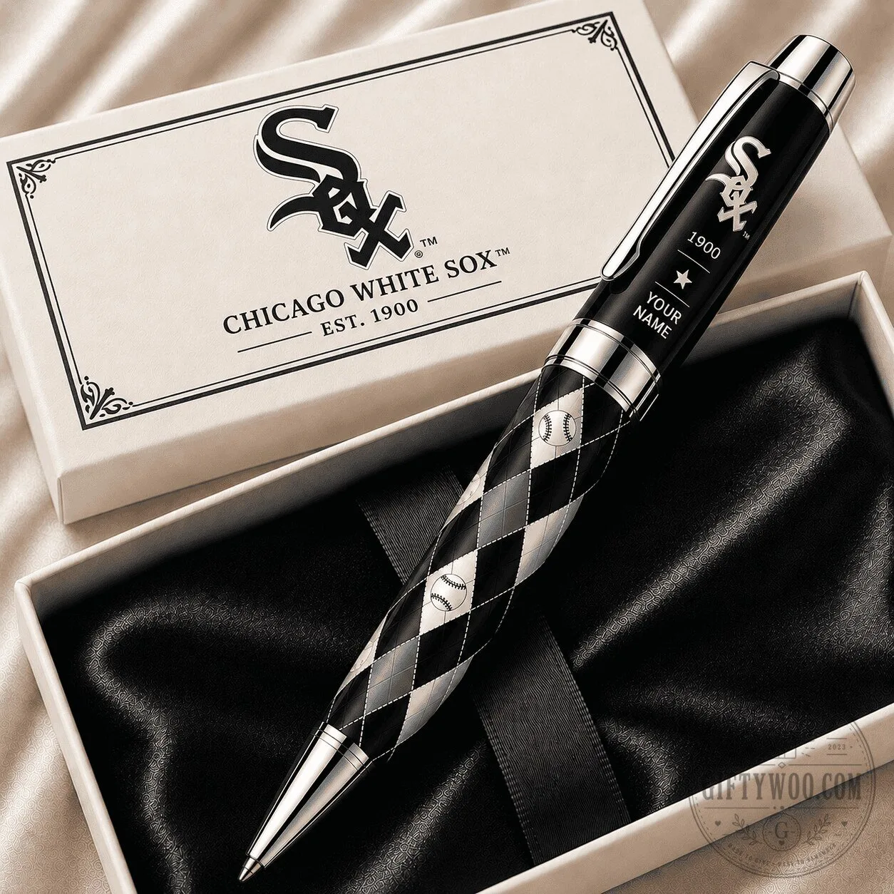 Chicago White Sox Baseball Team Personalized Black and White Argyle Ballpoint Pen