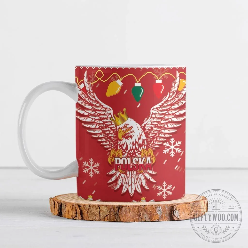 Polska White Eagle Christmas Holiday Snowflakes Red Ceramic Coffee Mug