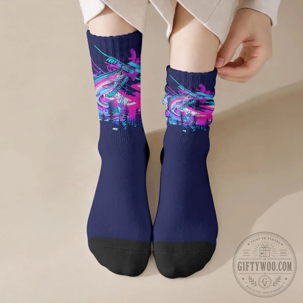 Trout Fly Fishing Born To Cast Crew Socks Vibrant Neon Cyberpunk Rainbow Fisherman