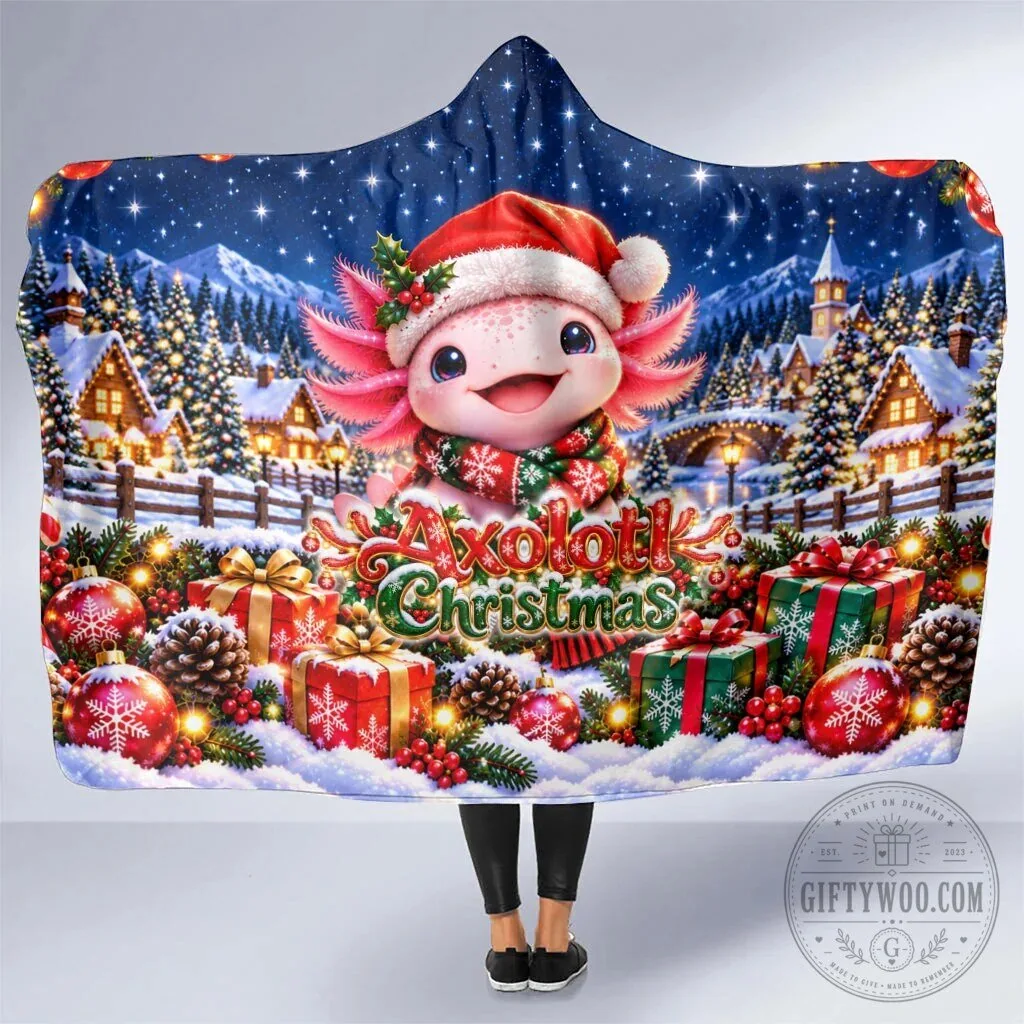 Axolotl Christmas Winter Wonderland Holiday Cozy Hooded Blanket
