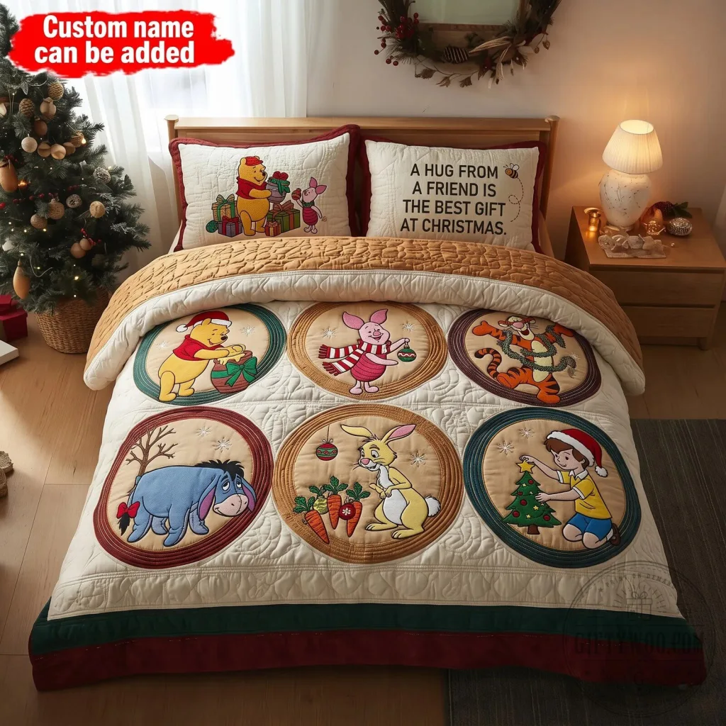 Winnie The Pooh Christmas Quilted Bedding Set with Pillow Shams Winnie The Pooh Christmas Quilted Bedding Set with Pillow Shams