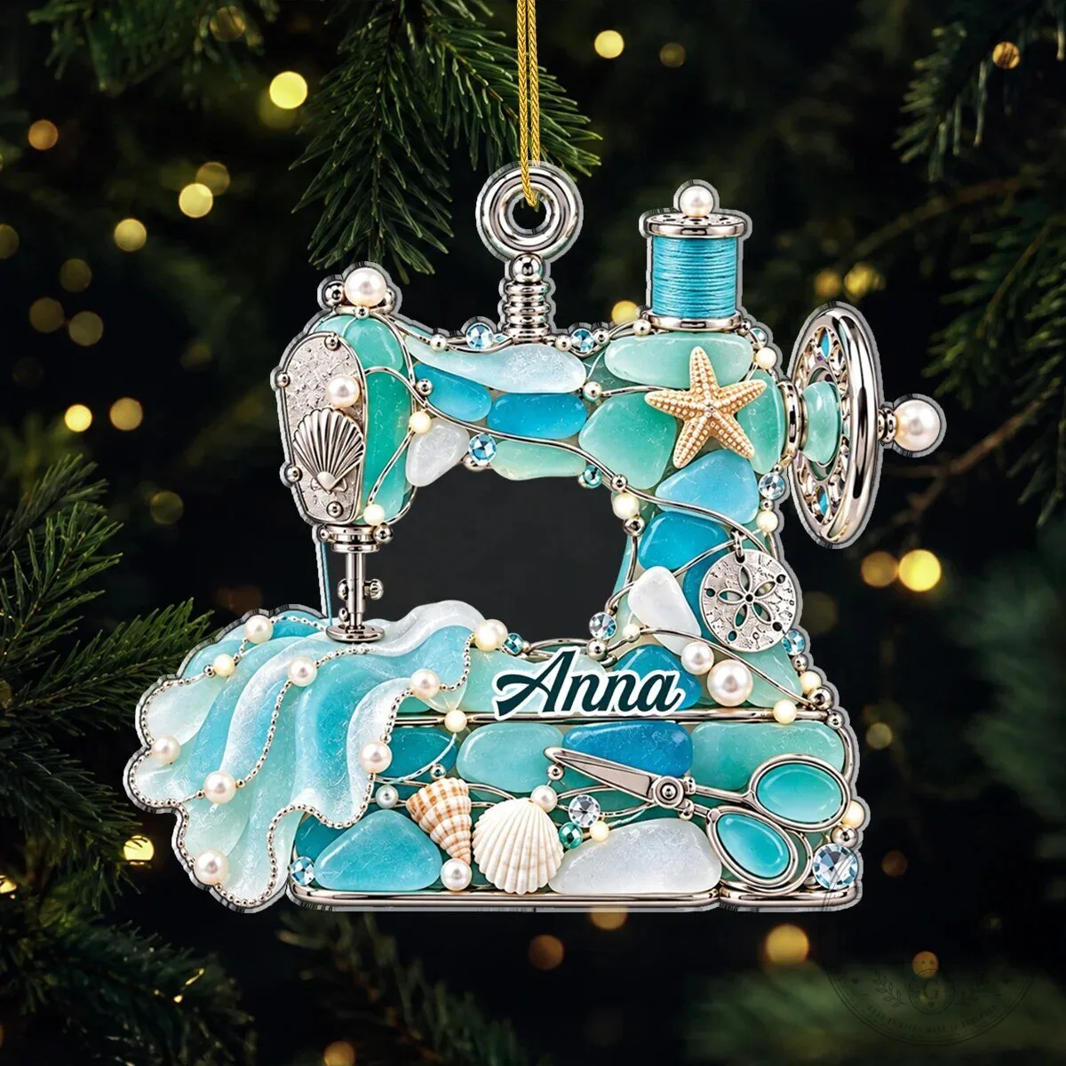 Personalized Sea Glass Sewing Machine Christmas Tree Ornament