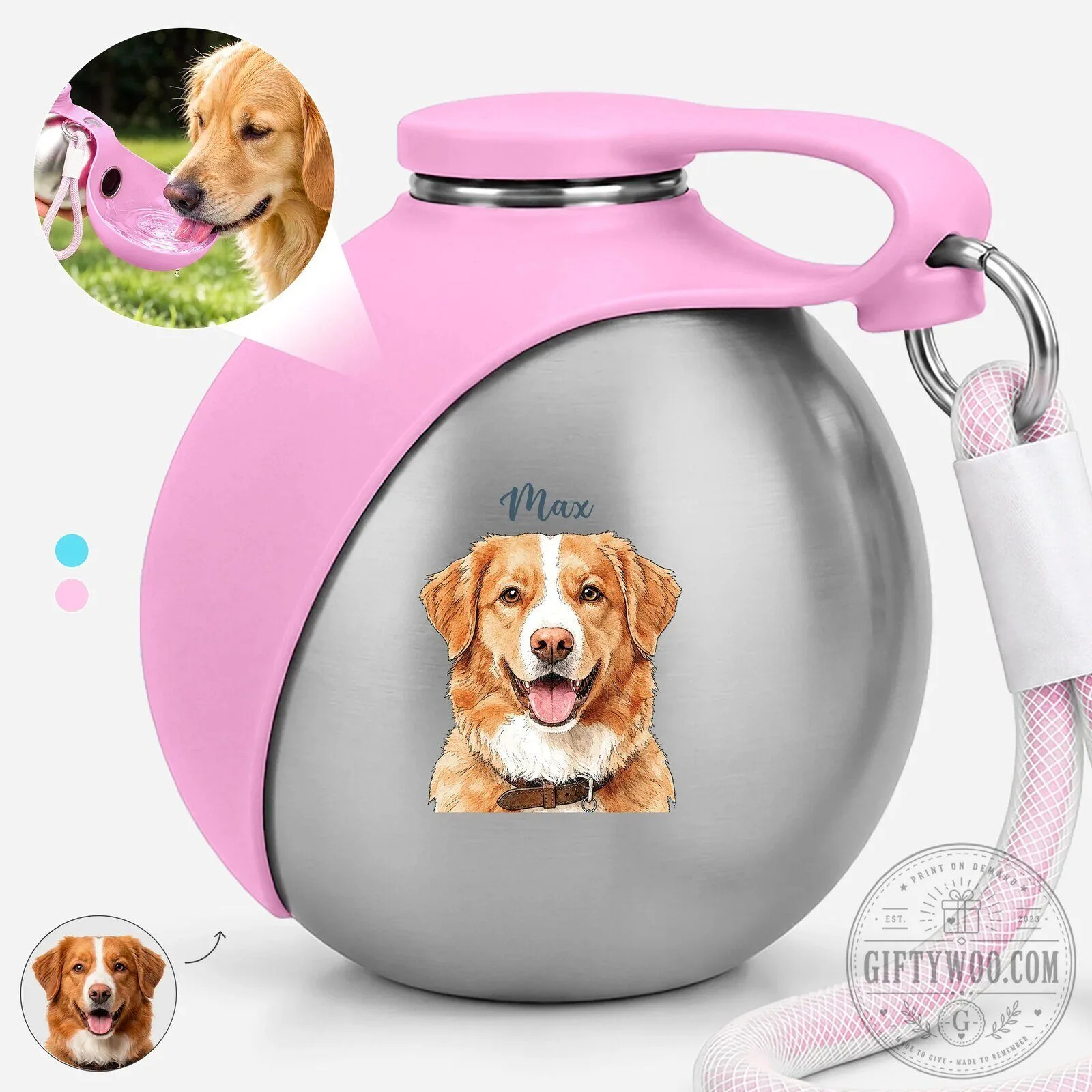 Personalized Dog Portrait Stainless Steel Pet Water Bottle with Bowl